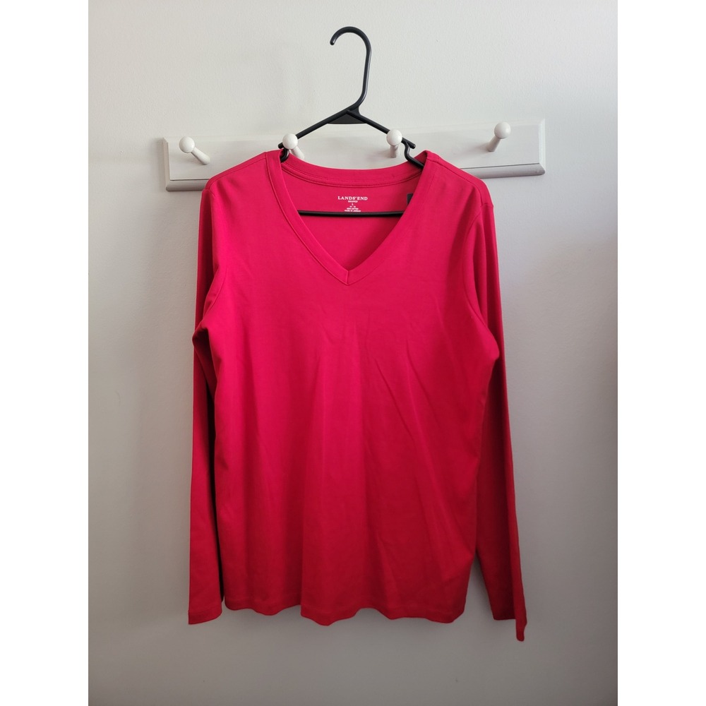NWT Lands' End Red Supima Cotton L/S V-Neck L 14-16 Basic Capsule Casual